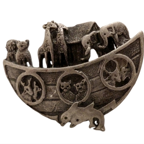 NOAHS ARK Vintage Pewter Lapel Pin Elephant Giraffe Deer Christian Animal Brooch - Picture 2 of 7